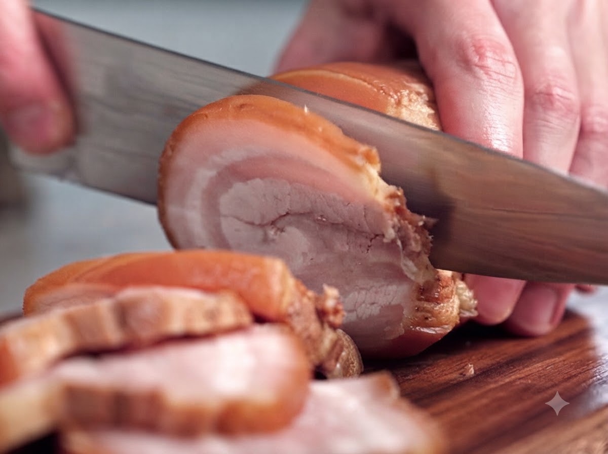 Primo piano di un coltello affilato che taglia un rotolo di pancetta di maiale marinato e legato in spesse fette circolari su un tagliere.
