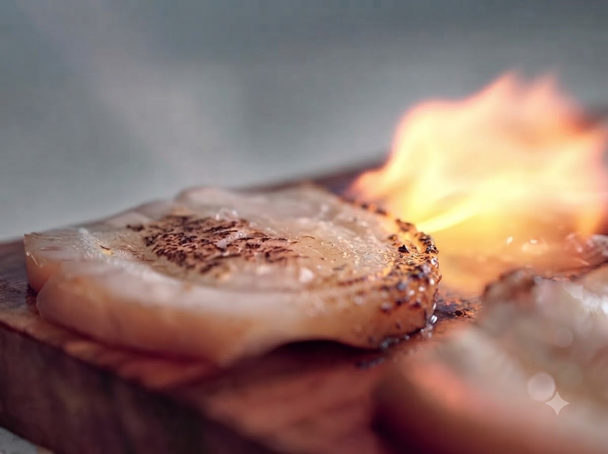 Un cannello da cucina puntato su una fetta di chashu di maiale poggiata su un tagliere di legno, che produce una fiamma brillante e bruciacchia la superficie.