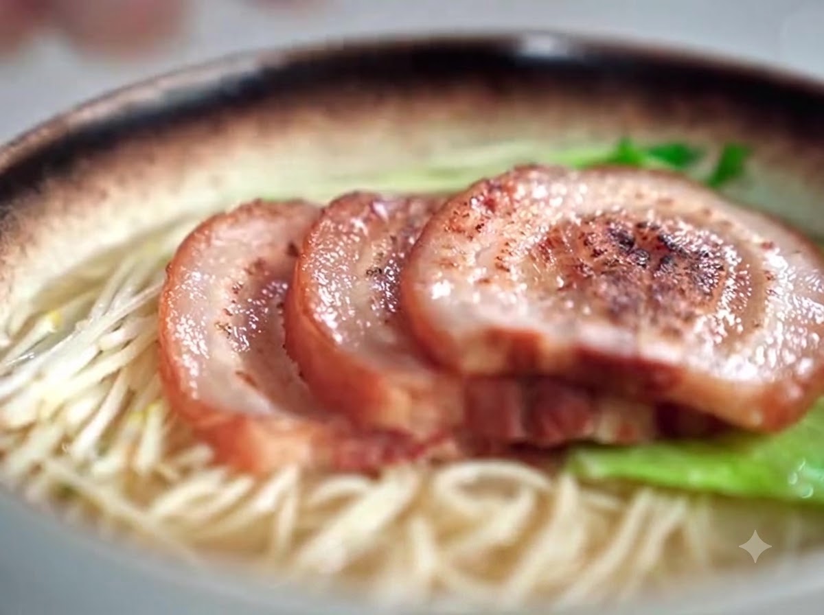 Una vista ravvicinata di una ciotola di ramen completa con noodles in brodo guarnita con fette di chashu scottate sovrapposte e verdure fresche.