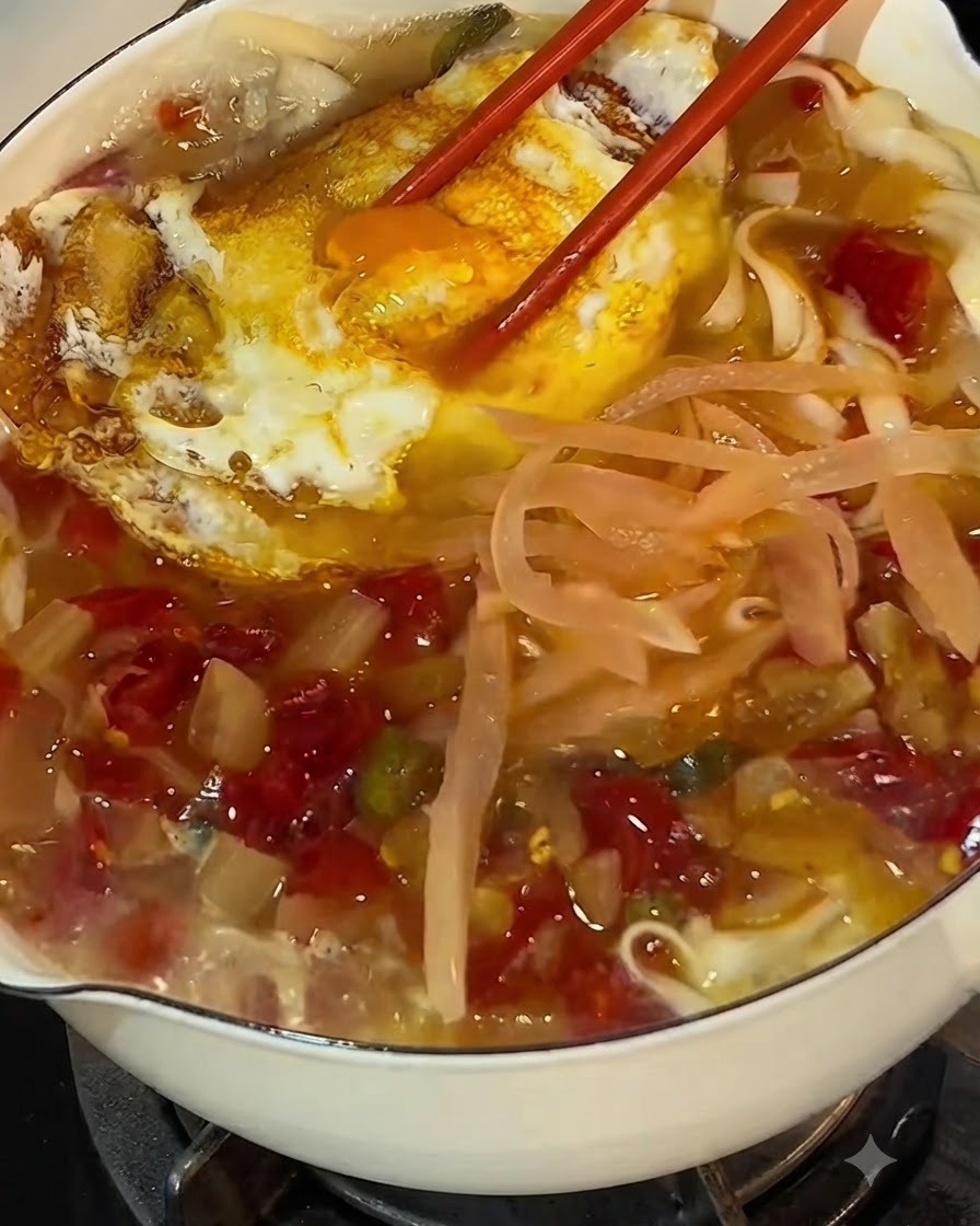 Ravanelli sottaceto e peperoncini rossi a dadini che sfrigolano in padella con brodo e un uovo fritto.