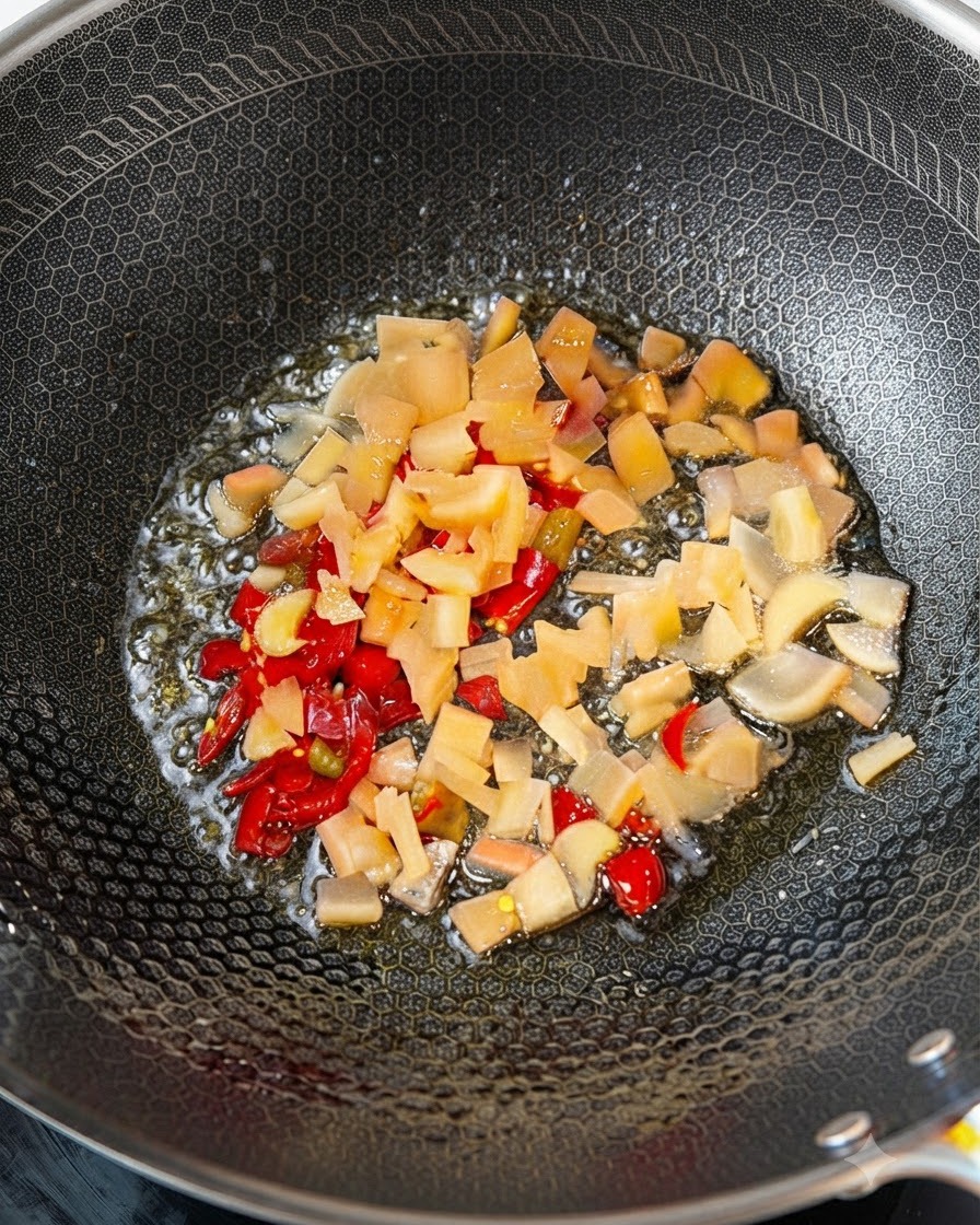 Condimenti aggiunti alle verdure sottaceto tagliate a dadini in una padella dalla consistenza ruvida.