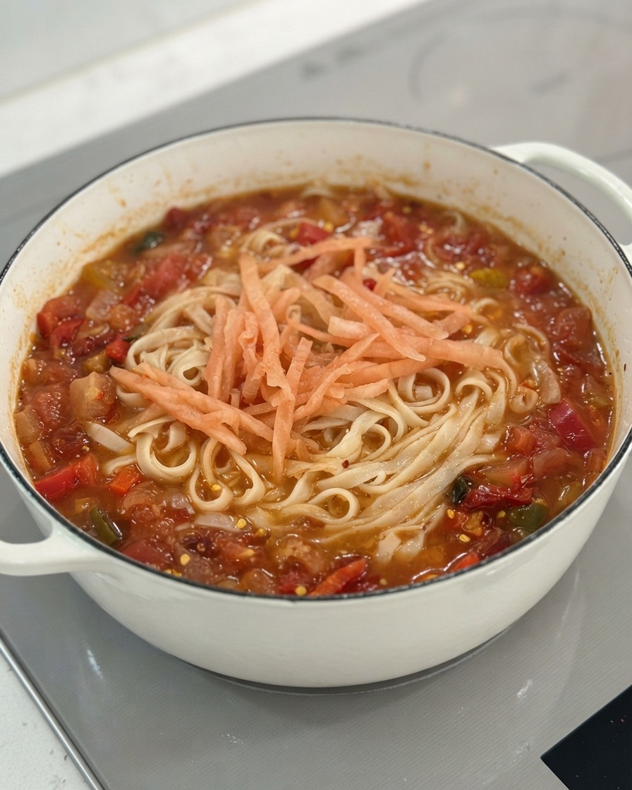 Due uova fritte posizionate in una pentola fumante di noodles in brodo acido.