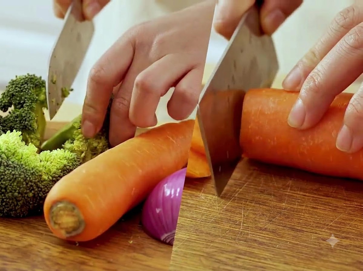 Un paio di mani che tagliano cimette di broccoli e pezzi di carota su un tagliere di legno.