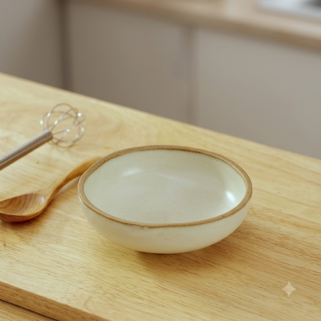 Una ciotola di ceramica vuota con una piccola frusta e un cucchiaio di legno poggiati su una superficie di legno.