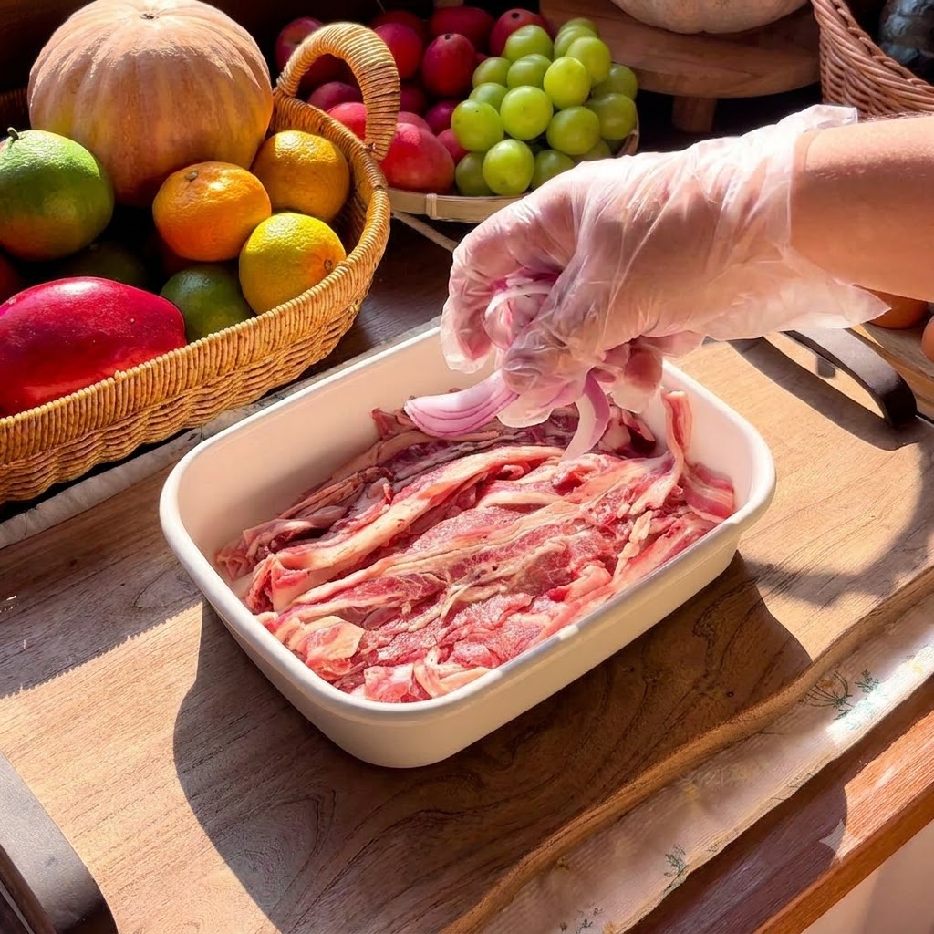 Manzo tagliato sottile disposto in una pirofila rettangolare bianca con fette di cipolla rossa sopra.