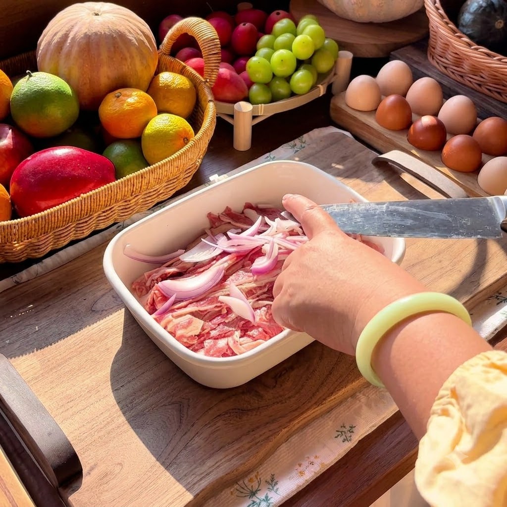 Aglio tritato, salsa di soia e olio da cucina vengono aggiunti alla miscela di carne e cipolle in un piatto bianco.