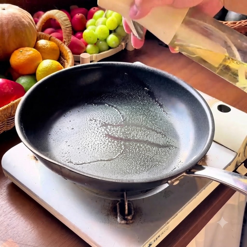 Bastoncini di granchio sfilacciati disposti sopra le uova in cottura in una padella antiaderente calda.