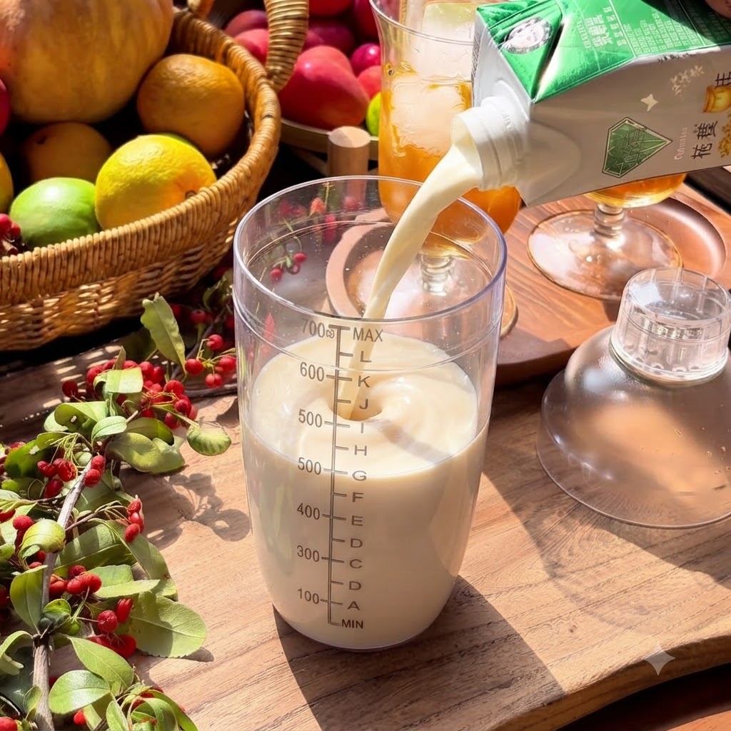 Il latte viene versato da un cartone in un contenitore graduato pieno di tè e miele allosmanto, creando una miscela vorticosa.