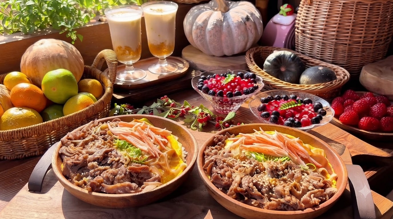 Due ciotole di riso con manzo e soffici uova al granchio, servite accanto a profumati bicchieri di latte alla zucca e osmanto.