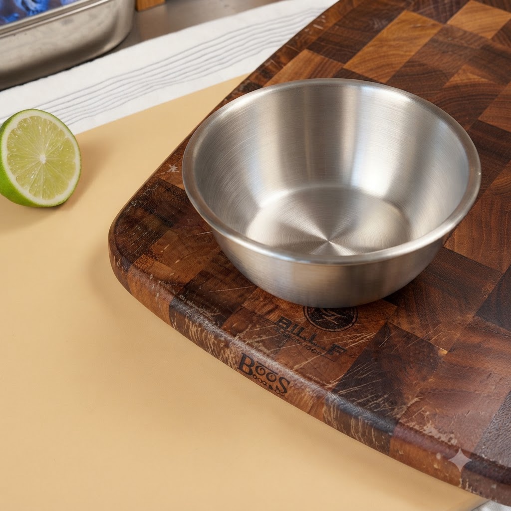 Una piccola ciotola in acciaio inossidabile su un tagliere di legno scuro accanto a mezzo lime.