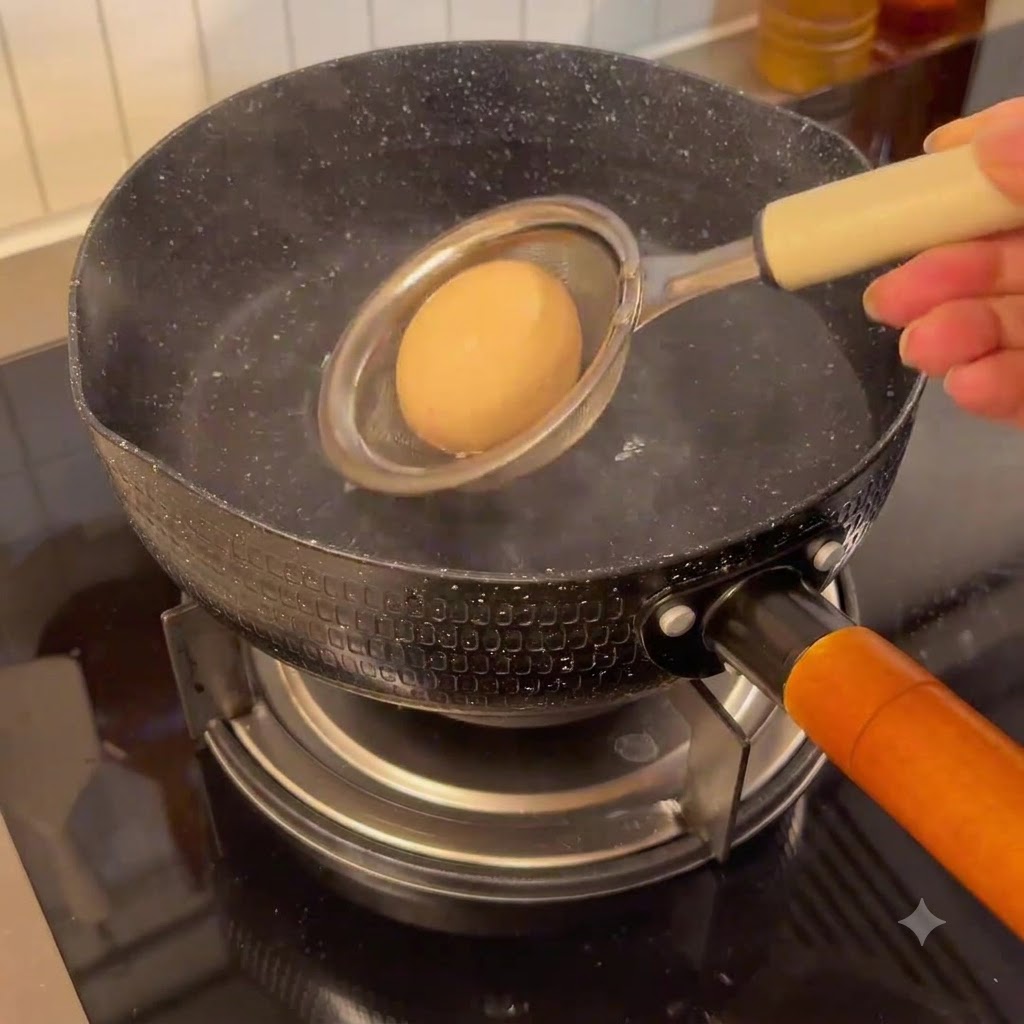Un uovo sollevato da una pentola di acqua bollente con una schiumarola.