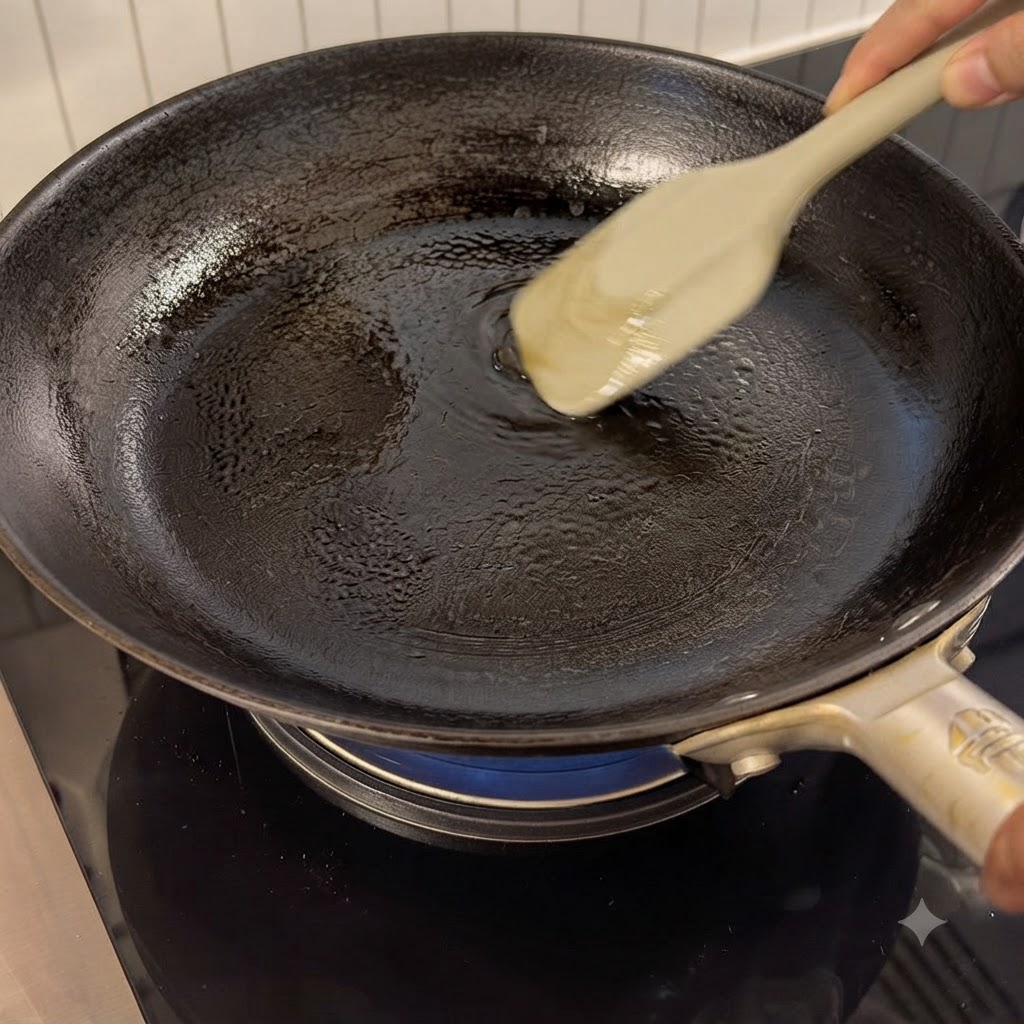 Una padella nera con olio che viene mescolato con una spatola di silicone su un fornello.