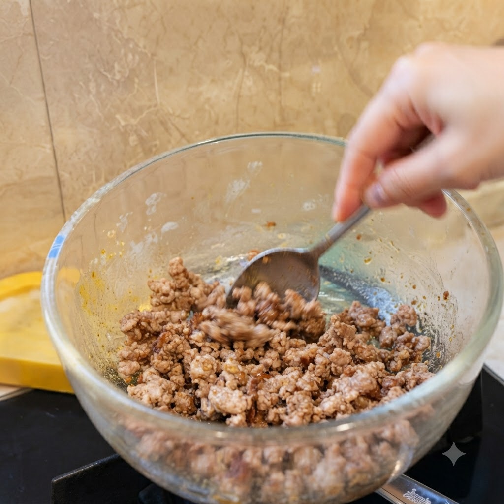 Carne macinata condita allinterno di una ciotola di vetro raccolta con un cucchiaio.