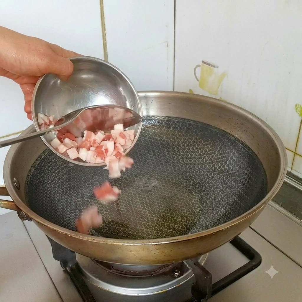 Pancia di maiale a dadini versata da una ciototola in un wok in acciaio inossidabile caldo e oleato.