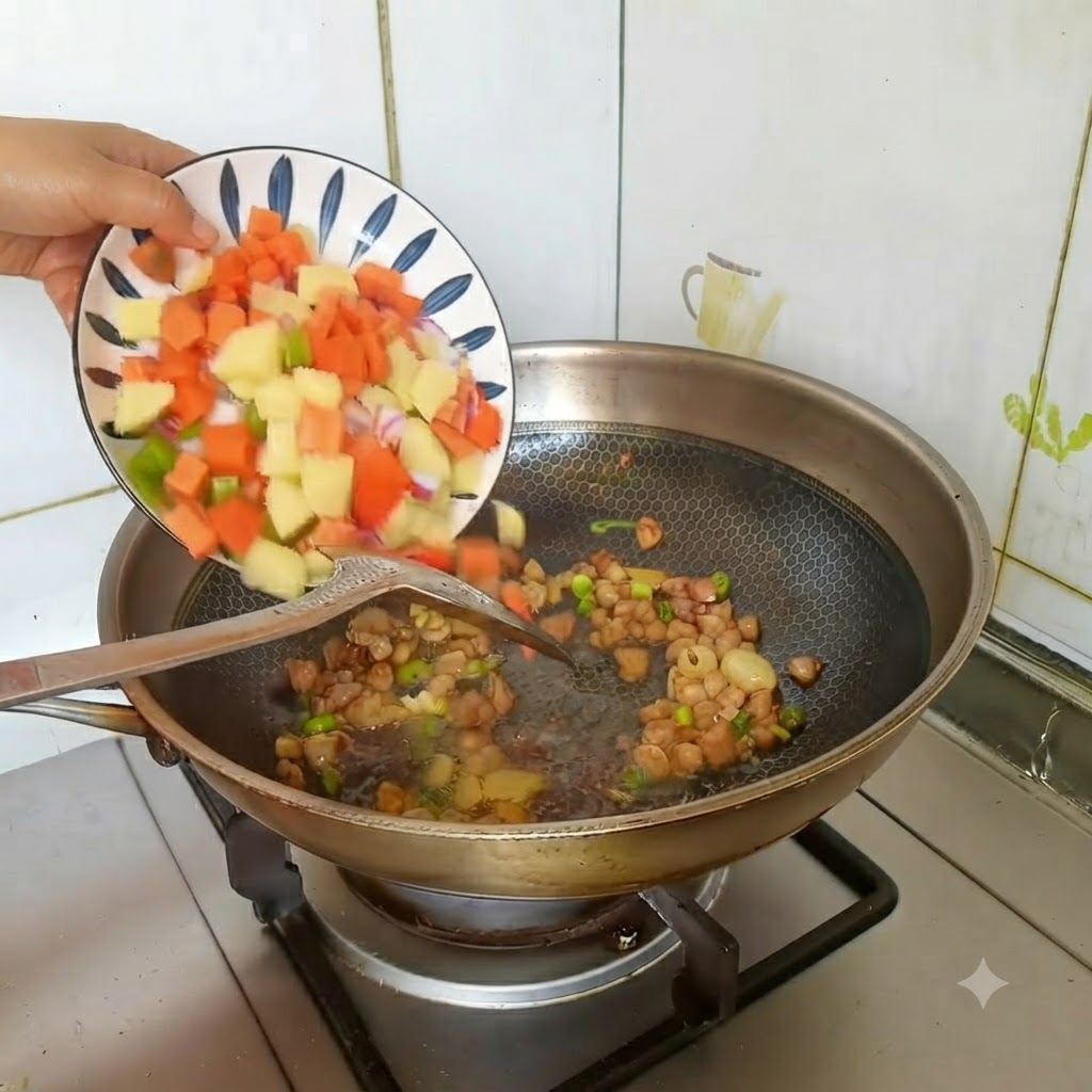 Un piatto di dadini colorati di patate, carote e peperoni verdi aggiunti nel wok.