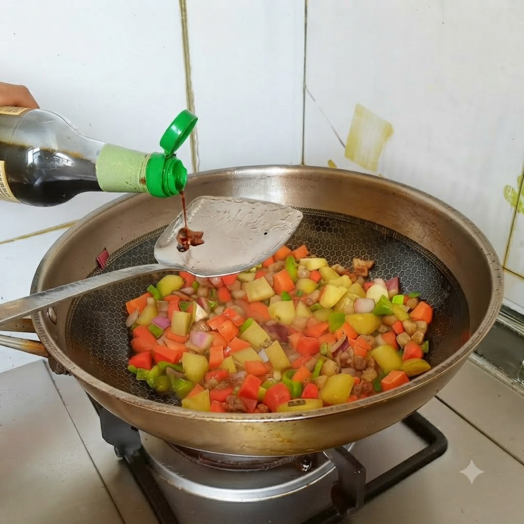Salsa di soia chiara versata da una bottiglia su una spatola sopra il composto di verdure e carne.