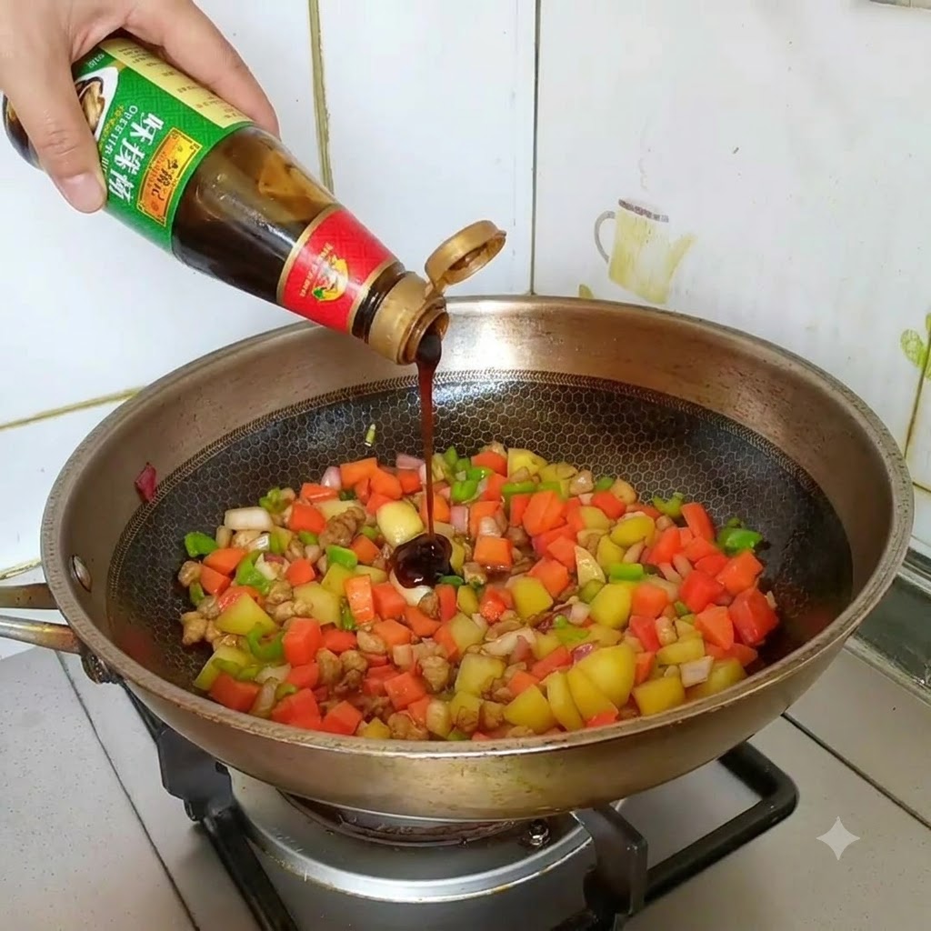 Salsa di ostriche versata da un flacone a pressione direttamente nel composto di verdure saltate.