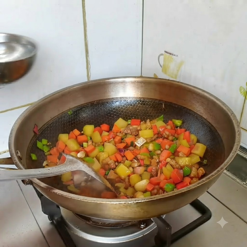 Una piccola ciotola dacqua versata nel wok sugli ingredienti prima di aggiungere il blocco di curry.