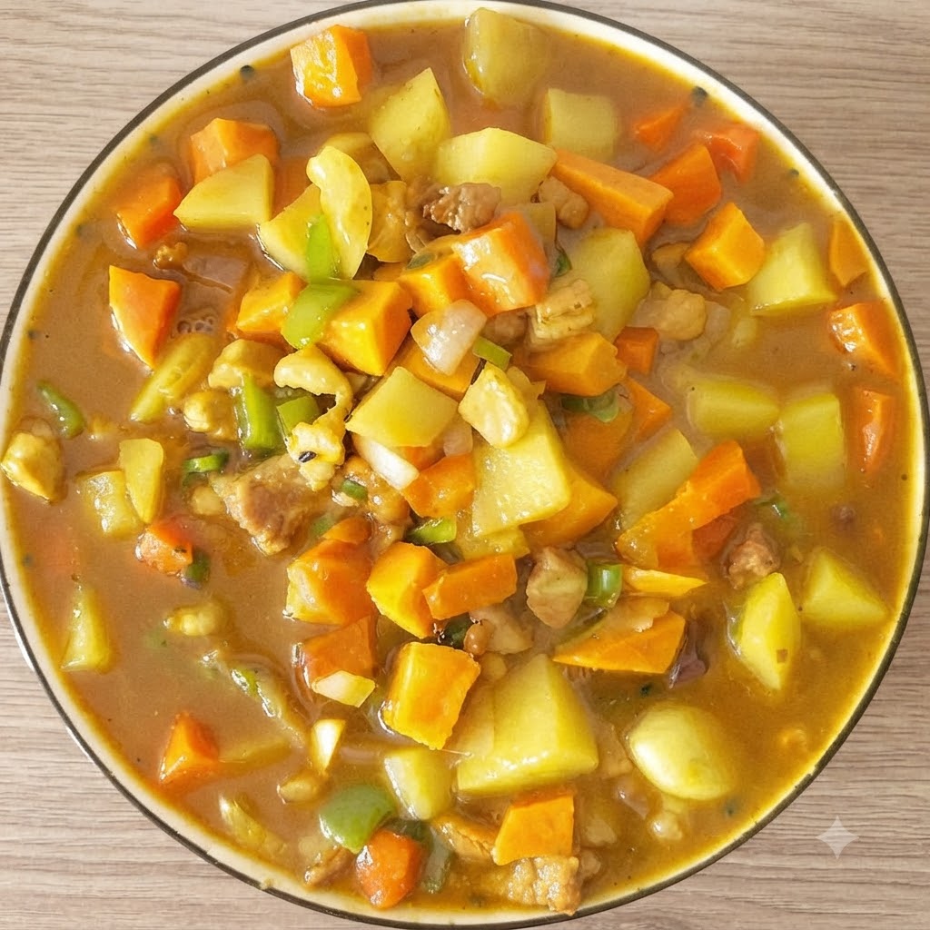 Un blocco di curry solido fatto cadere in un wok fumante pieno di verdure e brodo.
