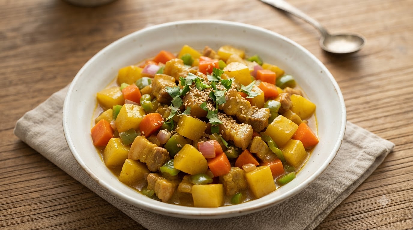 Saltare in padella di pancia di maiale con patate e curry
