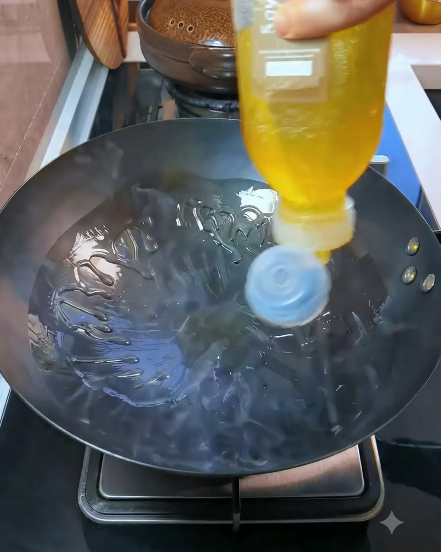Olio da cucina versato da una bottiglia gialla in un wok riscaldato.