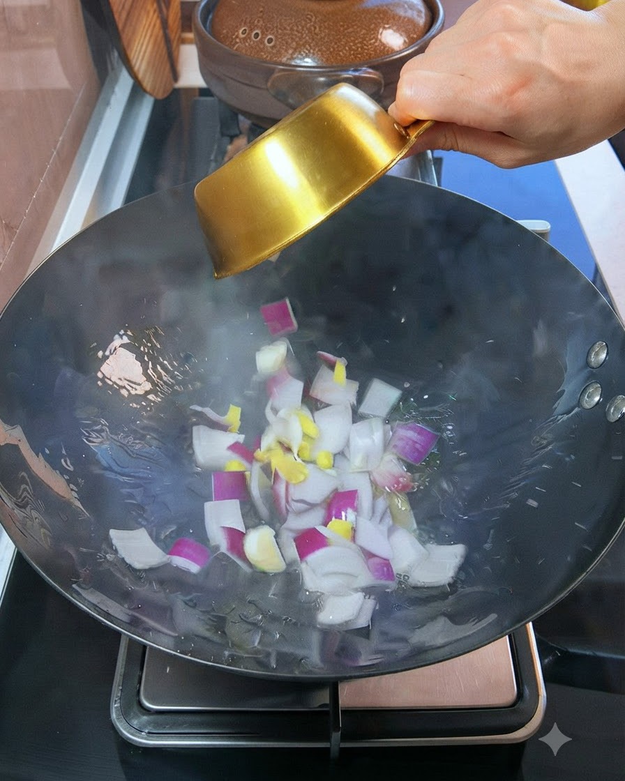 Cipolle rosse a cubetti e aglio tritato versati da una ciotola dorata in un wok con olio caldo.