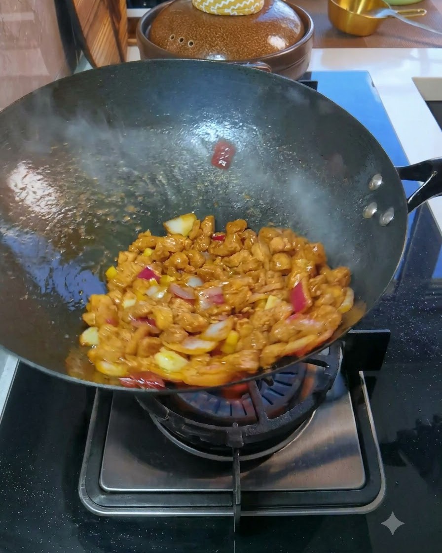 Maiale a cubetti e cipolle rosse fatti saltare a mezzaria in un wok caldo sopra una fiamma a gas.
