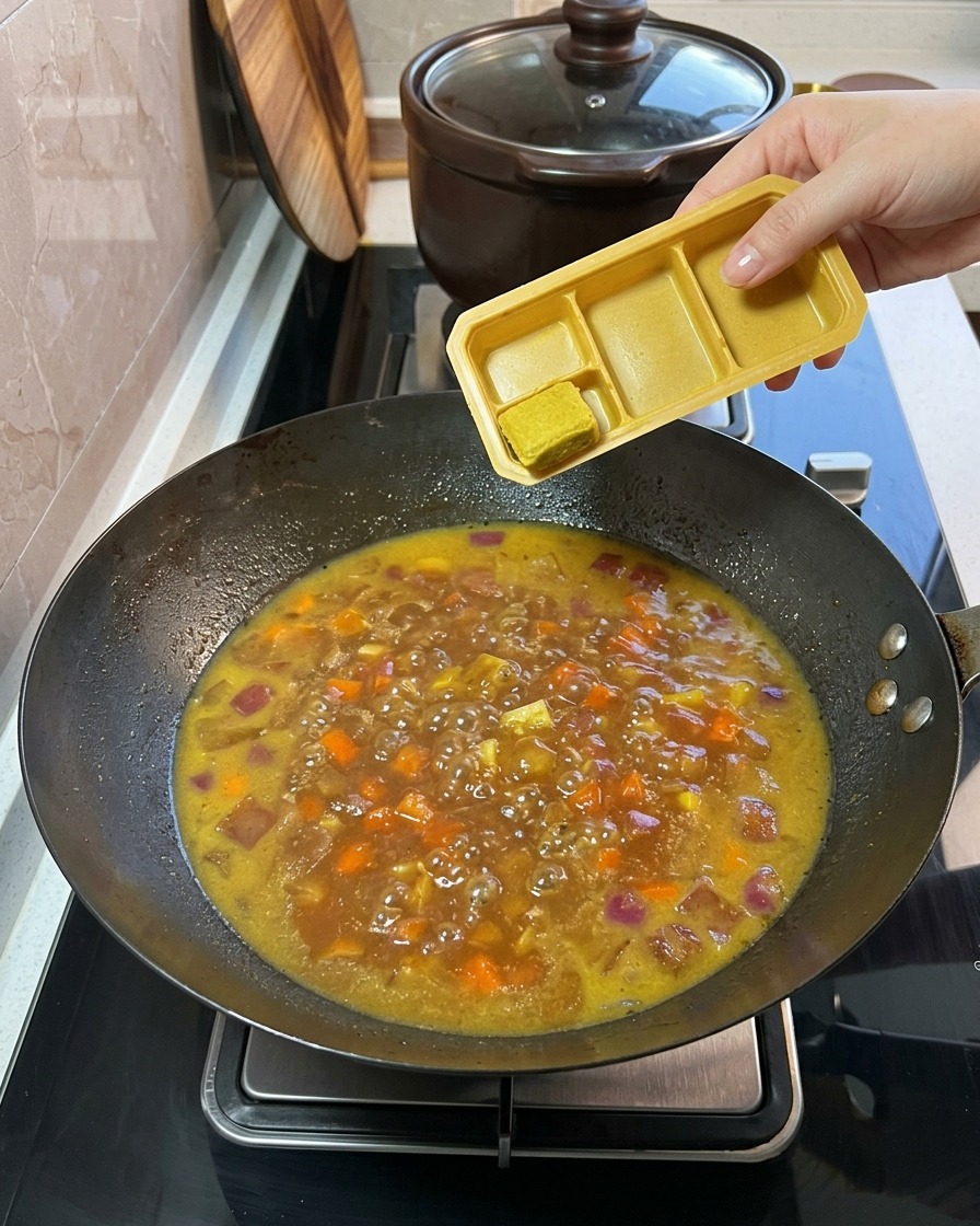Cubetti di curry solidi aggiunti da un vassoio di plastica nel composto bollente di verdure e brodo.