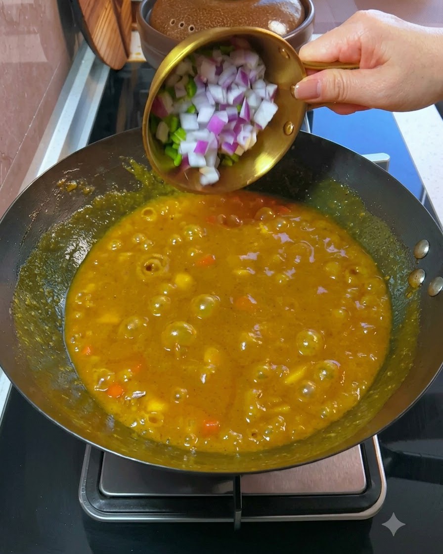 Cipollotti triti e cipolla rossa aggiunti a una salsa di curry densa e bollente nel wok.