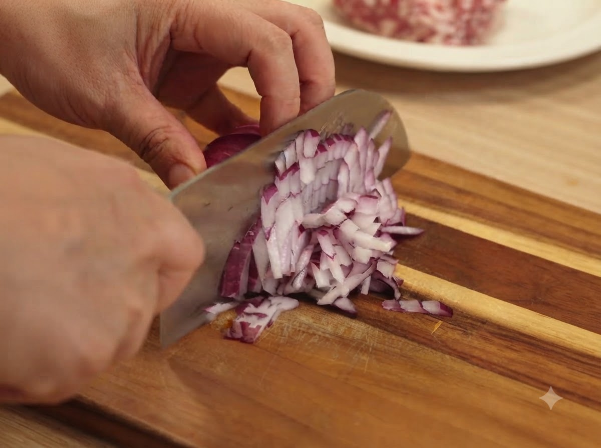 Spicchi daglio tritati finemente con un coltello su un tagliere di legno.