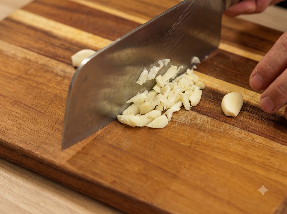 Un blocco di curry tagliato a fettine sottili su un tagliere di legno.
