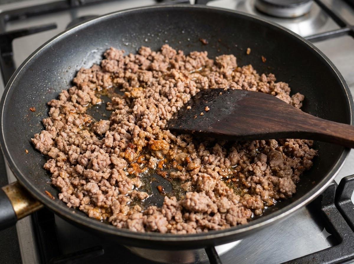 Maiale macinato saltato in padella nera con una spatola di legno.