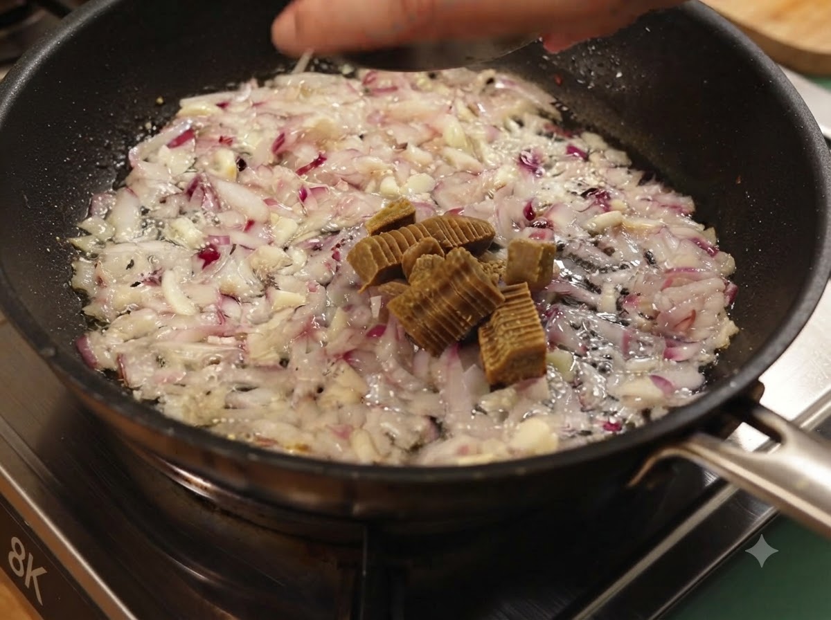 Blocchi di curry affettati aggiunti alle cipolle e allaglio cotti in padella.