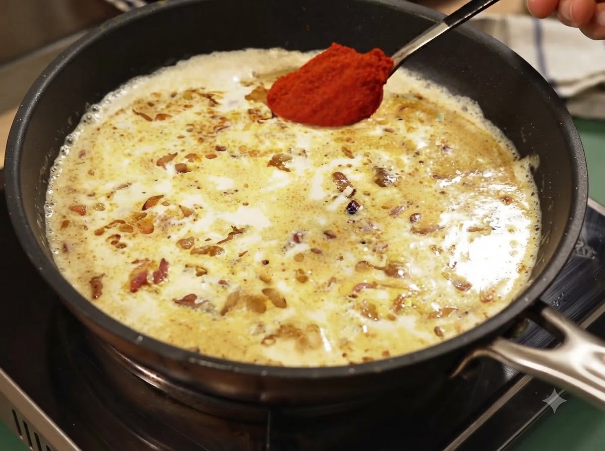 Un cucchiaio di polvere di paprika dolce rossa tenuto sopra la salsa di curry cremosa.