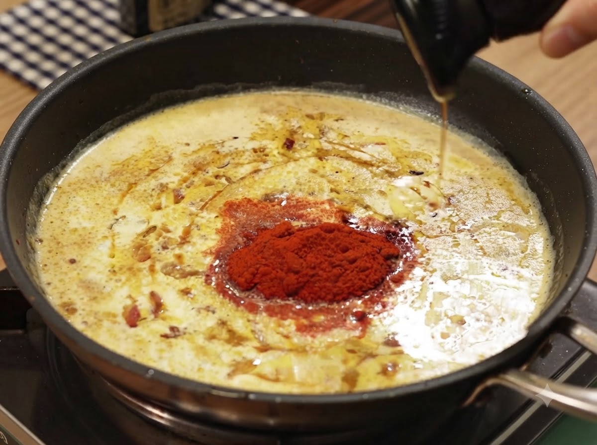 Salsa di condimento liquida scura versata da un mestolo nella salsa di curry ribollente.
