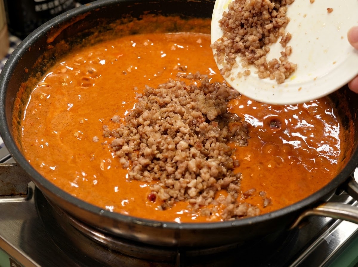 Maiale macinato cotto versato da un piatto bianco in una padella di salsa di curry arancione ricca.