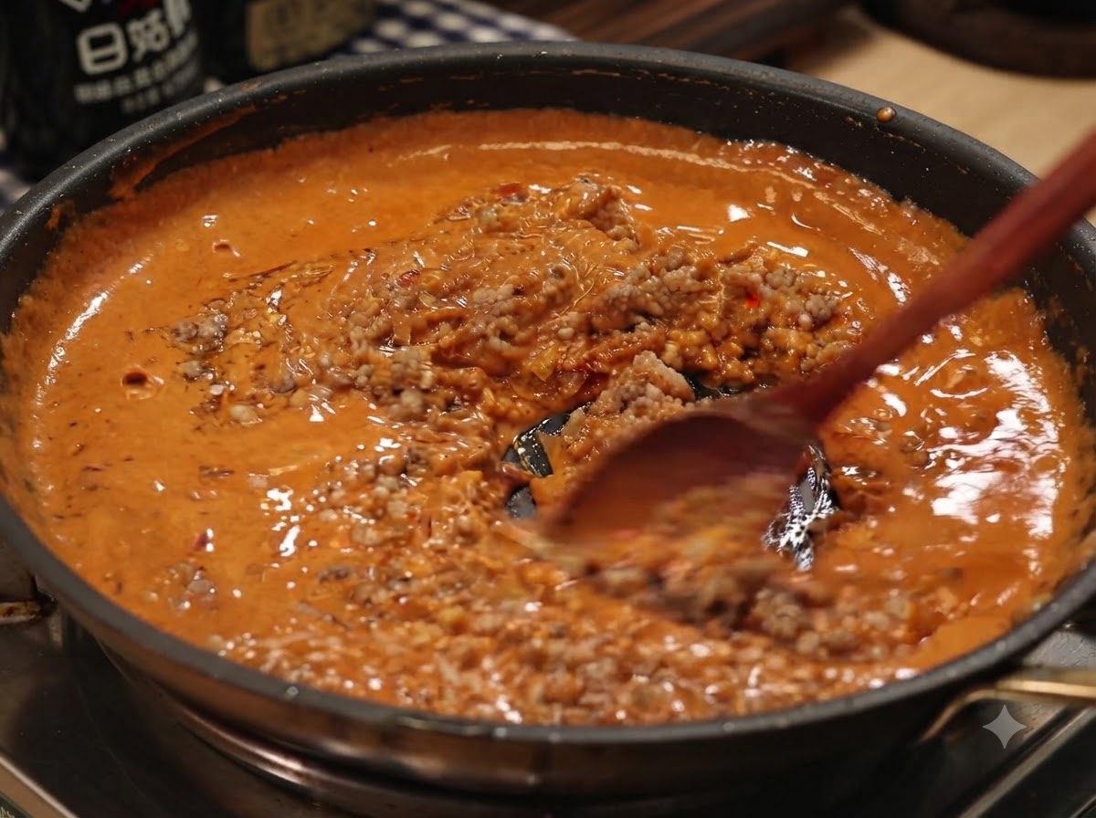 Un cucchiaio di legno che mescola il maiale macinato cotto in una ricca salsa di curry arancione in padella.