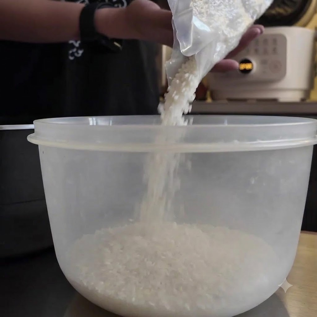 Una persona che versa chicchi di riso bianco crudo da un sacchetto di plastica in una ciotola di plastica trasparente.