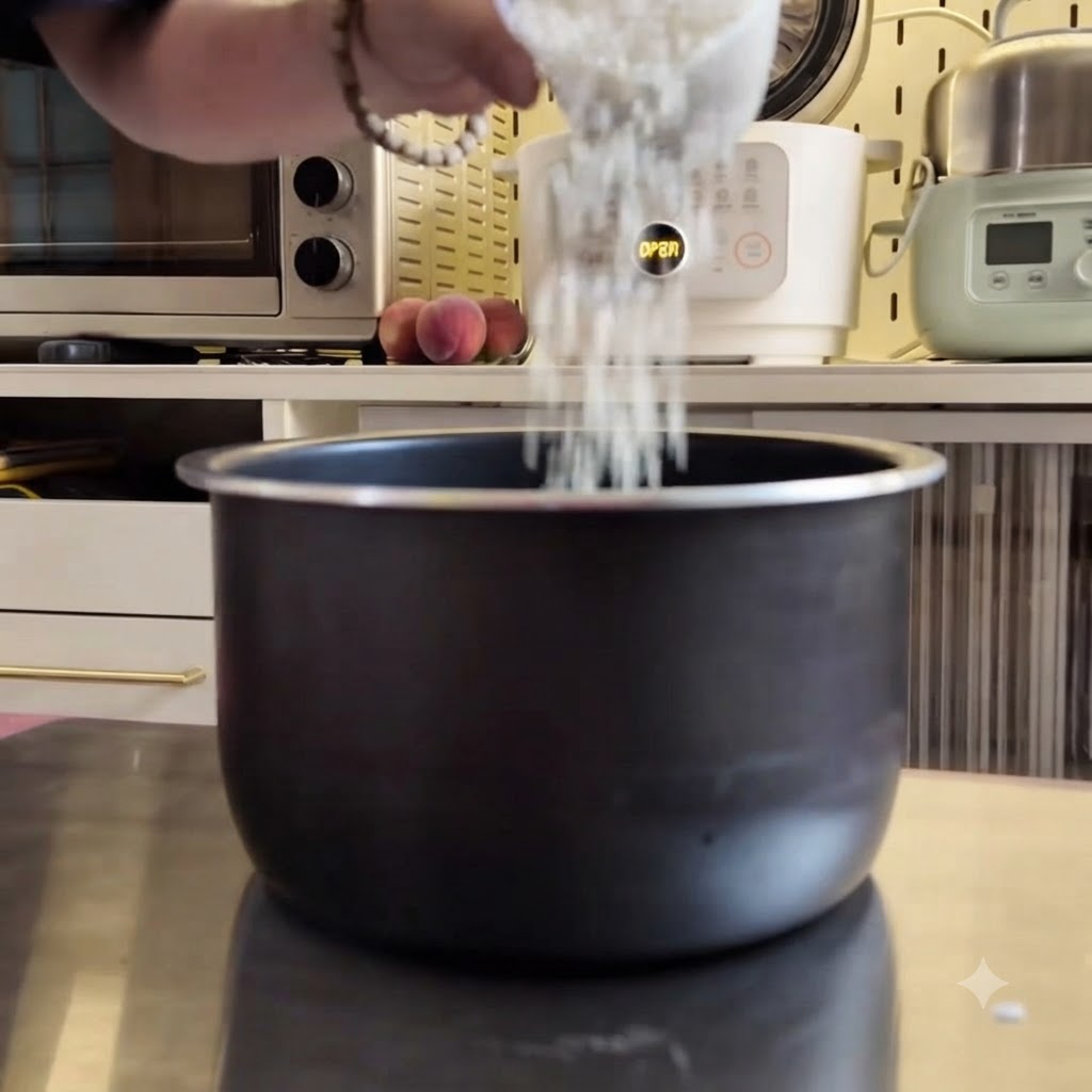 Una persona che versa riso bianco lavato in una pentola scura antiaderente per cuociriso.