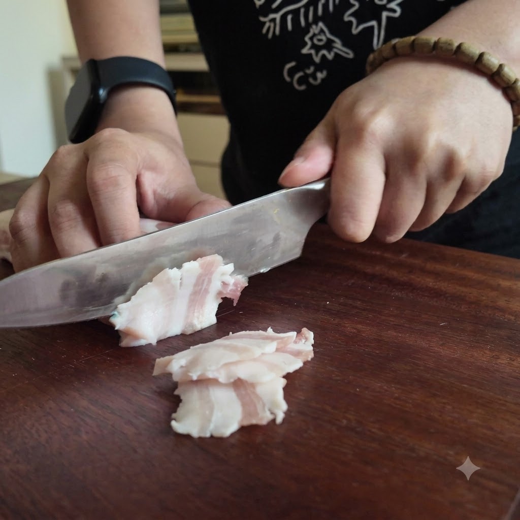 Mani che usano un coltello da cucina per tagliare fette sottili di pancetta di maiale cruda su un tagliere di legno.