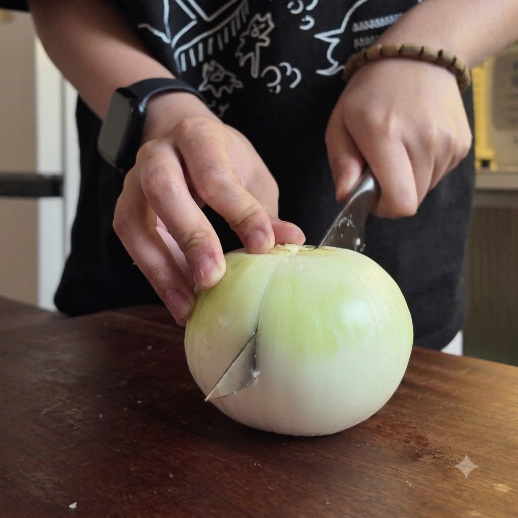 Mani che usano un coltello per affettare una cipolla cruda tagliata a metà su un tagliere di legno.