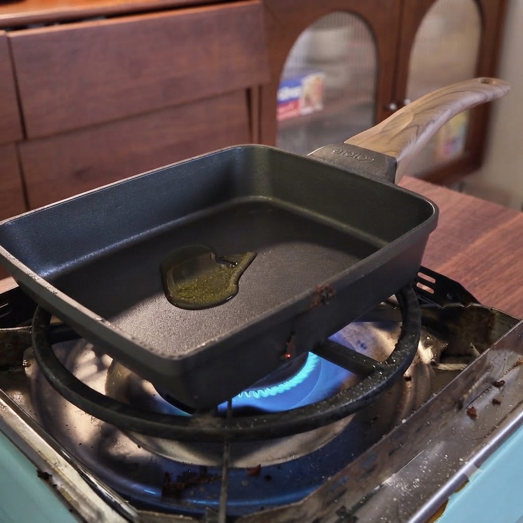 Una piccola padella rettangolare su un piano cottura a gas contenente olio da cucina che si riscalda per la rosolatura.