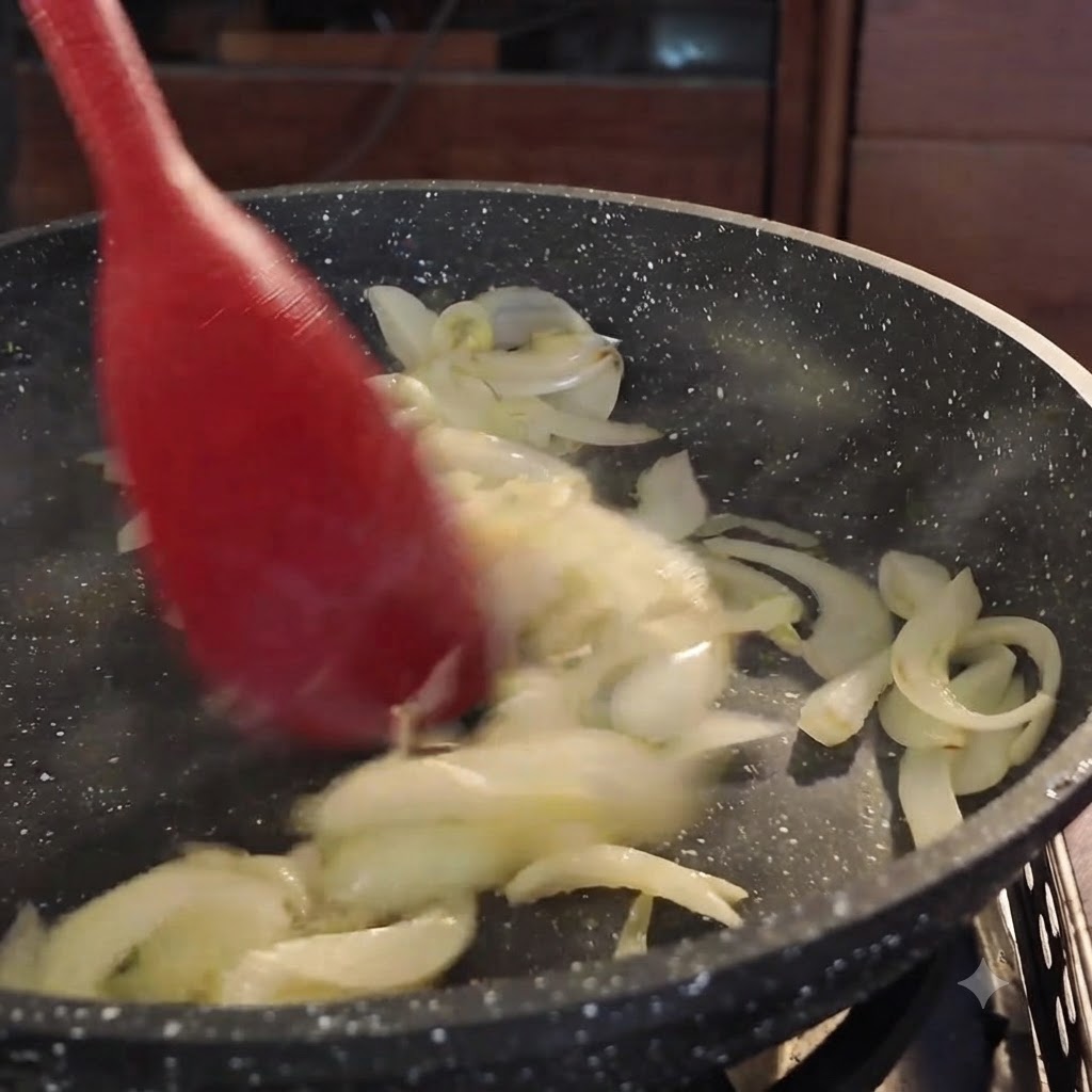 Fette di pancetta di maiale cruda mescolate con cipolle soffritte in una padella usando un utensile rosso.