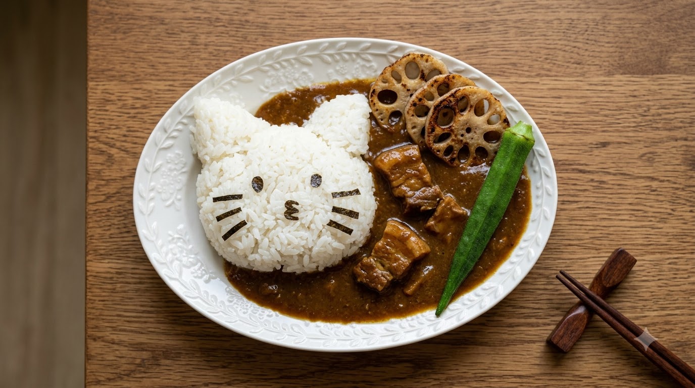 Ricco Curry di Pancetta di Maiale con Riso a Forma di Gatto