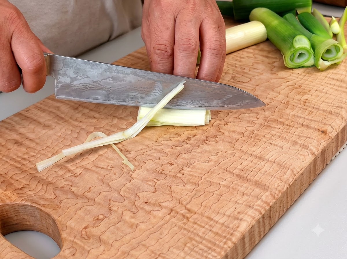 Un coltello da cucina che affetta la cipolla bianca a strisce sottili su un tagliere di legno.
