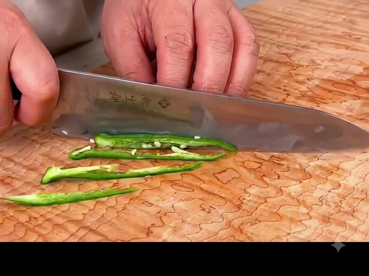Un coltello che taglia peperoncini verdi freschi creando strisce lunghe e sottili su un tagliere di legno.