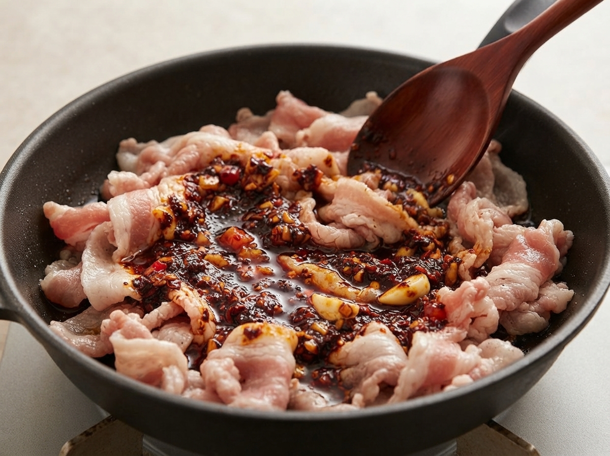 Salsa gochujang rosso scuro densa versata sulla pancetta di maiale parzialmente cotta in una padella nera.