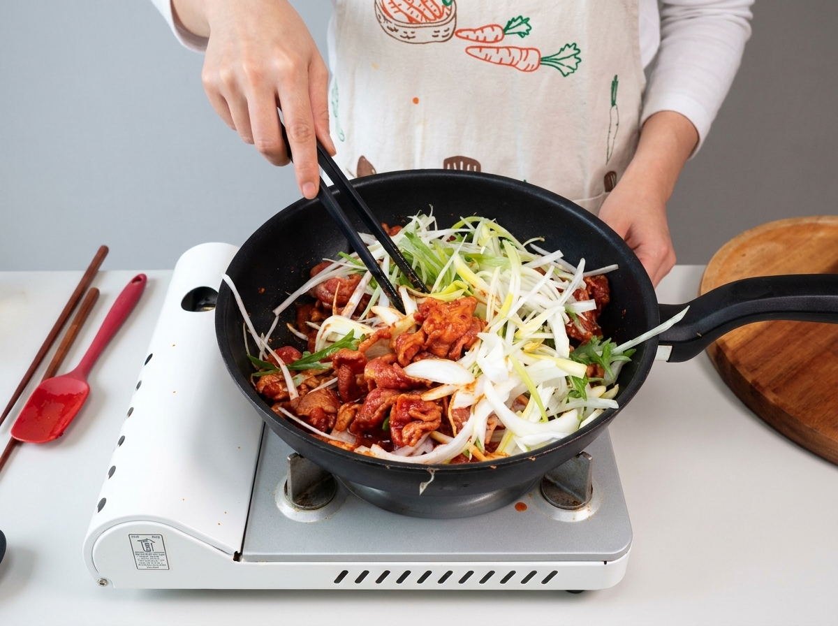 Tutti gli ingredienti saltati insieme e mescolati nella salsa rossa con lausilio delle bacchette.