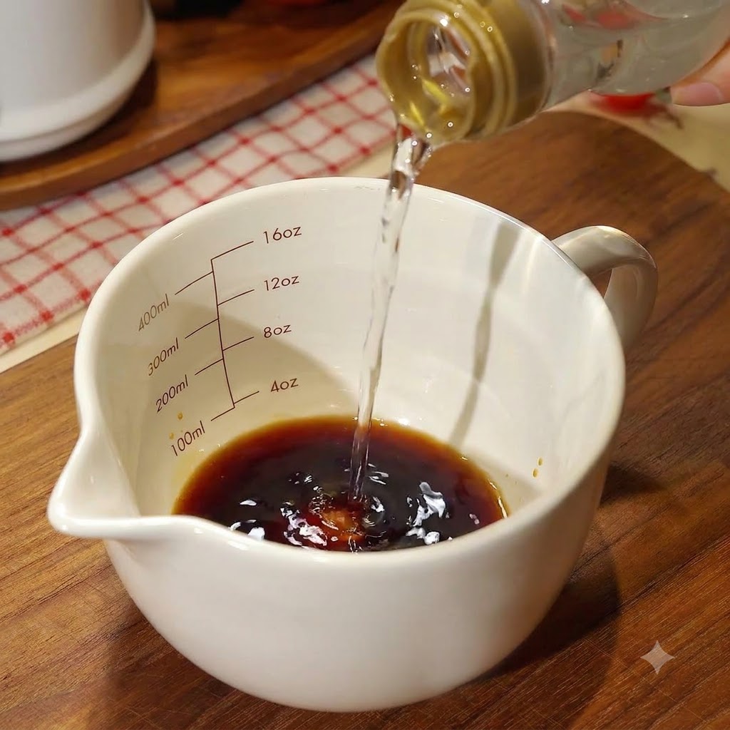 Del liquido versato in un misurino bianco contenente gli ingredienti della salsa scura.