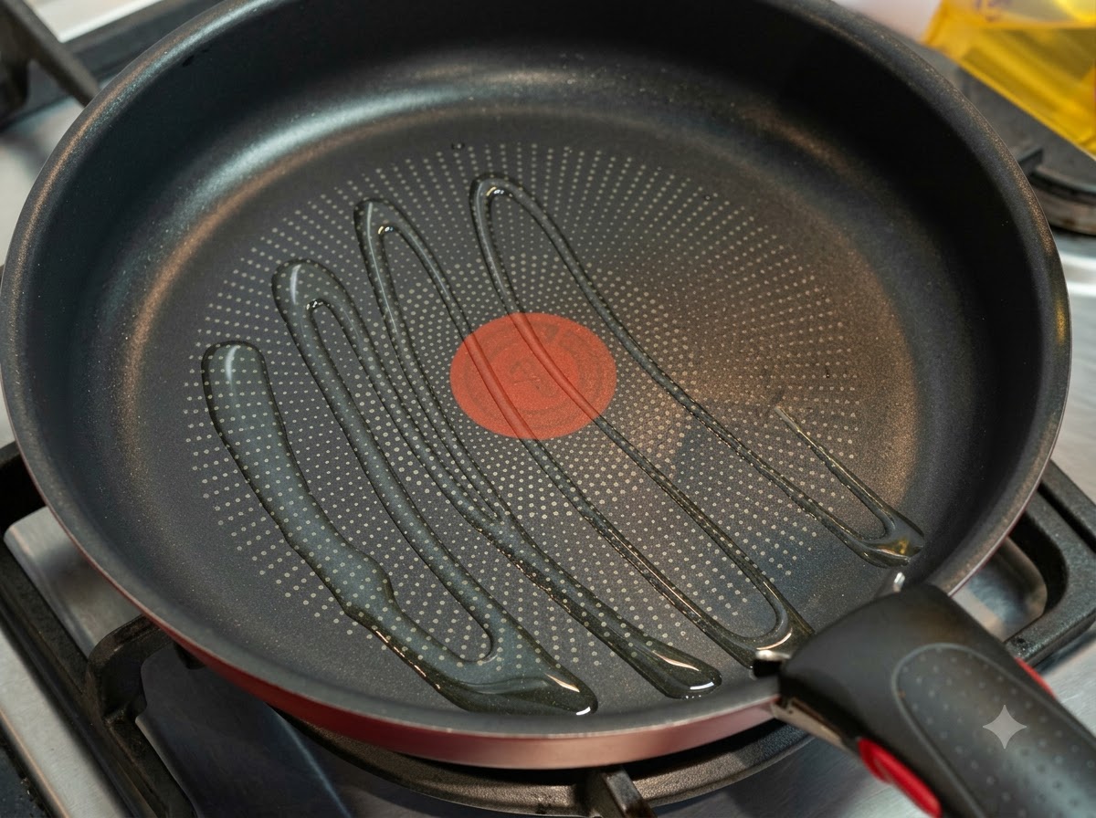 Una padella antiaderente su un fornello a gas con olio da cucina versato sulla superficie.